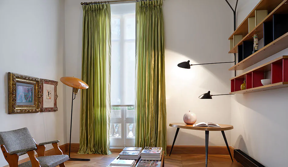 Window treatment trends 2023 include romanticized details in drapery like Goblet Drapery made with Silk Dupioni in Leaf
