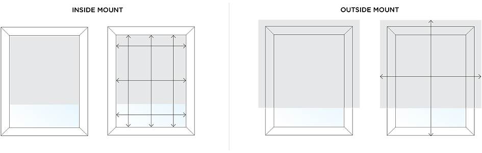 A graphic image shows arrows that tell you how to measure your windows for inside or outside mount reverse roll roller blinds and shades