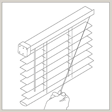 An illustration of blinds shows how to put blinds down or bring them up with a cord lock control system