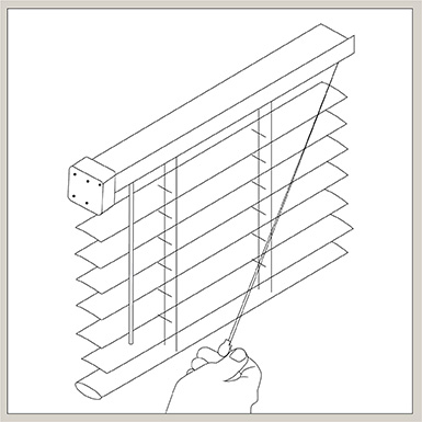 An illustration of blinds shows how to pull blinds down or bring them up with a cord lock control system