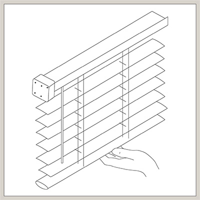 An illustration of blinds shows how to put blinds down or bring them up with a cordless control system