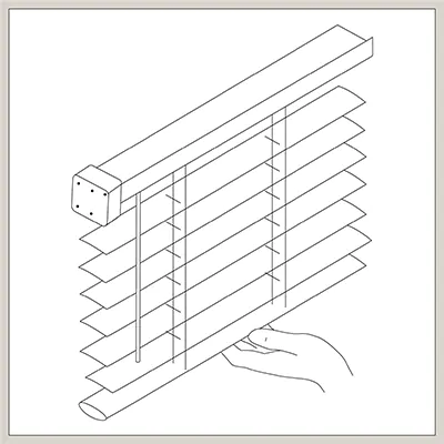 An illustration of blinds shows how to put blinds down or bring them up with a cordless control system