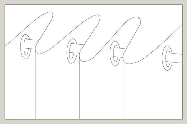 A diagram shows how grommet drapery is hung from a rod which includes threading the rod through the grommets