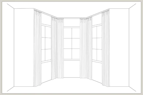 An illustration shows how drapery can be hung in each of the angles of a bay window so there are panels to cover each window