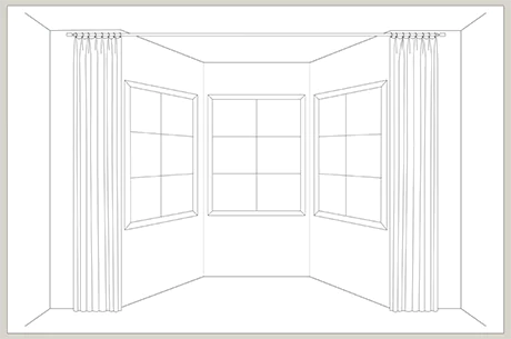 An illustration shows how drapery can be hung in front of the alcove of a bay window so the panels block it off when closed