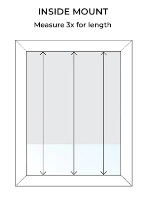 An illustration with arrows and text shows how to measure for blinds length in an inside mount application