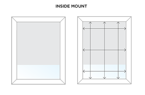 An illustration indicates how to measure for an inside mount installation by measuring 3 times for height and width