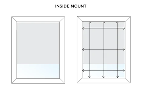 An illustrations shows how to measure for an inside mount application with arrows inside a window frame