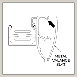 An illustration shows the second step for attaching a valance to Metal Blinds, as part of the steps for how to install blinds
