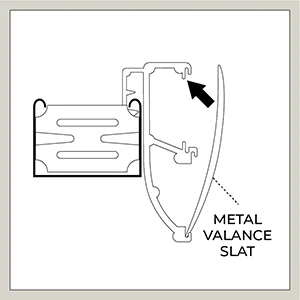 An illustration shows the second step for attaching a valance to Metal Blinds, as part of the steps for how to install blinds