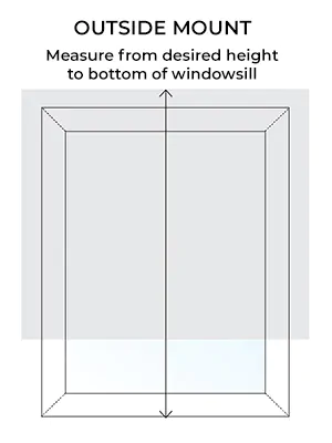 An illustration with arrows and text shows how to measure for blinds length in an outside mount application