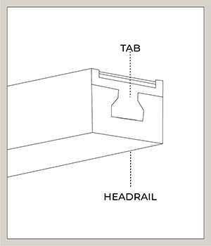 A illustration shows the tab on the headrail to pull to troubleshoot an insecure fit when learning how to install blinds