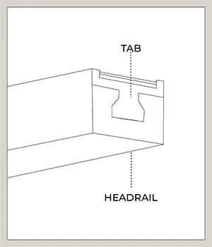 A illustration shows the tab on the headrail to pull to troubleshoot an insecure fit when learning how to install blinds