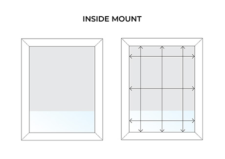 An illustration shows how to measure a window for an inside mount, with arrows indicating three points for width and length
