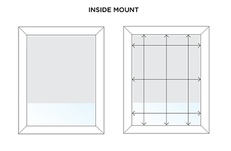 An illustration shows arrows indicating 3 measurements each for length and width for ordering an inside mount shade