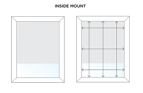 An illustration shows arrows indicating 3 measurements each for length and width for ordering an inside mount shade