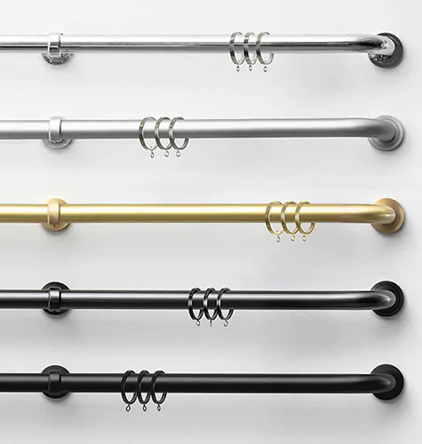 A product image of French return curtain rods Lafayette Hardware shows all the colors like Satin Nickel and Satin Brass
