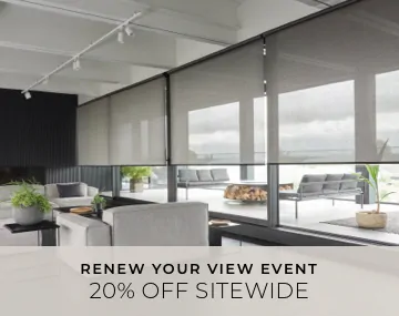 Solar Shades made of 5% Metallic in Zinc cover living room windows with overlaid sales messaging for 20% off sitewide