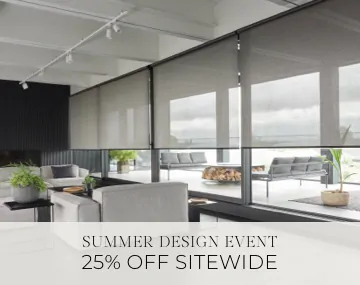 Solar Shades made of 5% Metallic in Zinc cover living room windows with sales messaging for Summer Design Event 25% Off