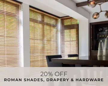 2 Inch Champagne Metal Blinds cover floor to ceiling windows in a dining room with a table with overlaid sales messaging