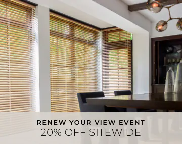 2 Inch Champagne Metal Blinds cover tall windows in a modern dining room with overlaid sales messaging for 20% off sitewide