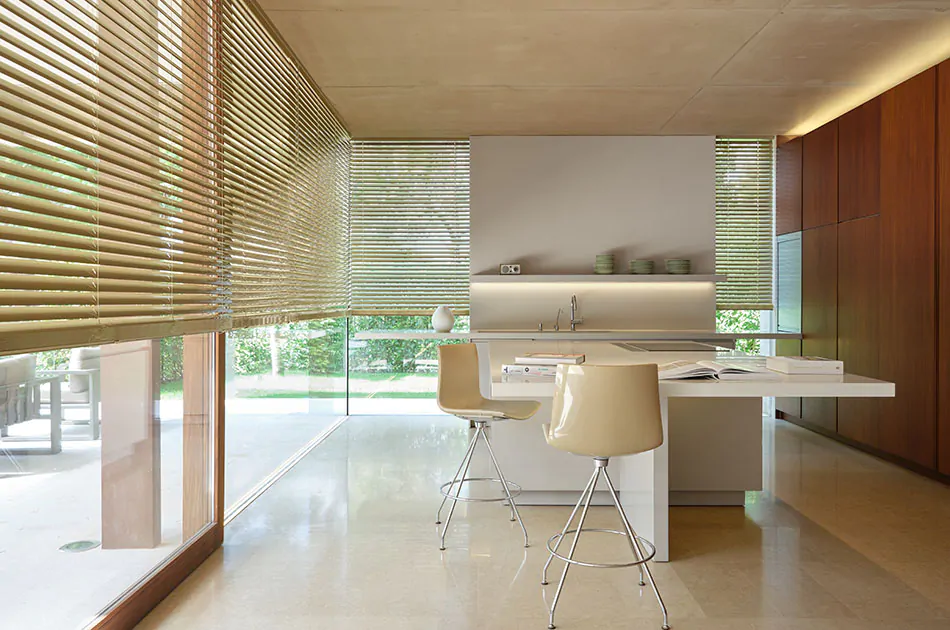 A modern kitchen has colored window blinds made of 2-inch Metal in Champagne for a warm golden sheen