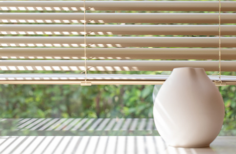 Types of blinds include Metal Blinds made of 2-inch Metal in Champagne over a bright window with an oil diffuser on a shelf