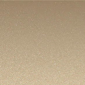 A swatch for colored window blinds shows 2-inch Metal in Champagne for a warm golden color with a subtle brilliance