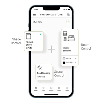 An image of The Shade Store app on a smartphone shows how to put blinds down with motorization through your smartphone