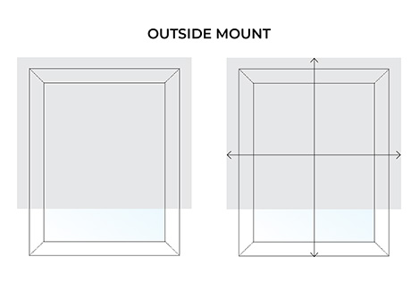 An illustration shows how to measure a window for an outside mount, with arrows indicating one point for width and length