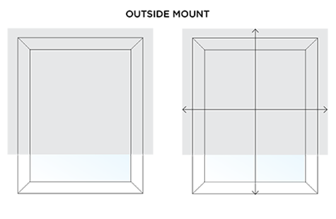 An illustration shows arrows indicating measurements length and width for ordering an outside mount shade