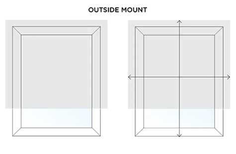 An illustration shows arrows indicating measurements length and width for ordering an outside mount shade