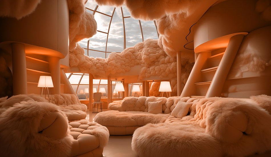 Peach fuzz, Pantone's color of the year 2024, is brought to life in an abstract living room filled with furry couches