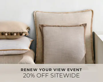 Square Pillows feature neutral colored fabric and various piping styles with overlaid sales messaging for 20% off sitewide