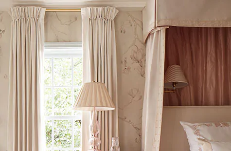 French return curtain rods like Lafayette in Satin Brass allow Pinch Pleat Drapery to sit flush with the wall