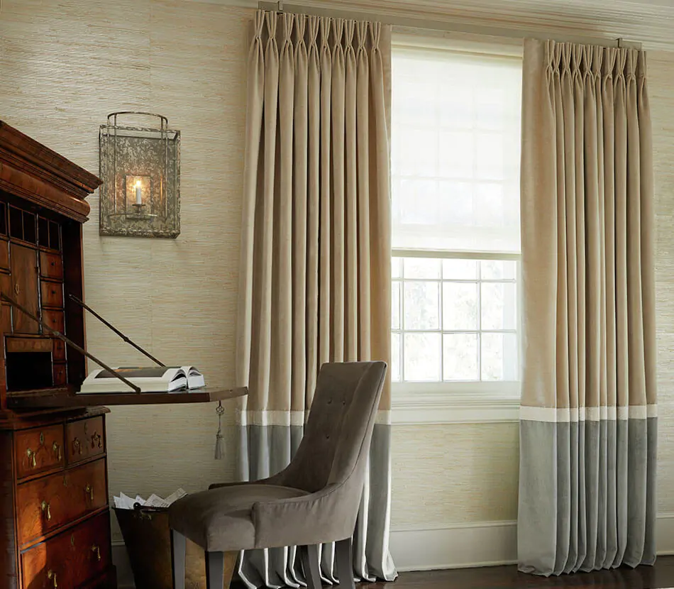 A Georgian-inspired office features Velvet curtains in the Pinch Pleat style made of Velvet in Cream and Silver