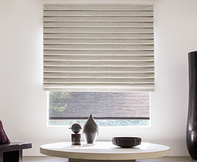 Roman Shades for windows include Pleated Roman Shades made of Wool Blend in Fleece in a modern breakfast nook