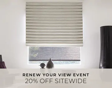 Pleated Roman Shade of Wool Blend adds lush folds to a modern room with overlaid sales messaging for 20% off sitewide