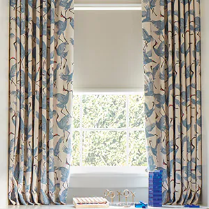 Kids curtains made of Ripple Fold Drapery in Family of Cranes, Waverly Blue, has soft S-curves for a subtle, inviting look