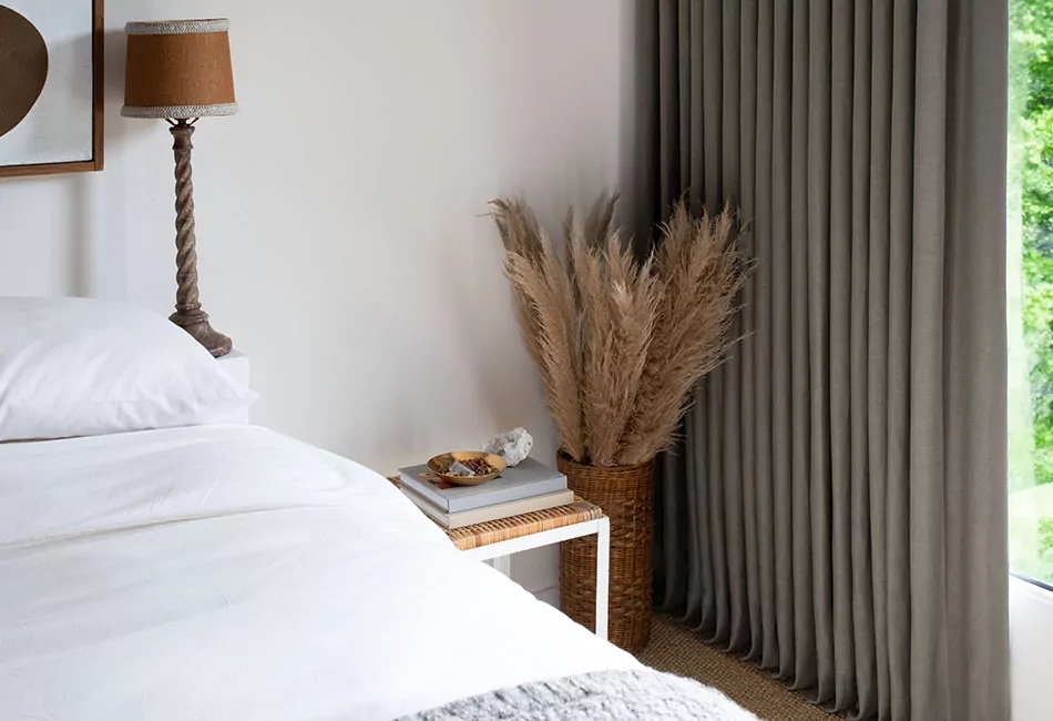 A guest bedroom features living room curtain ideas with Ripple Fold Drapes in Lisbon Woven, Agave