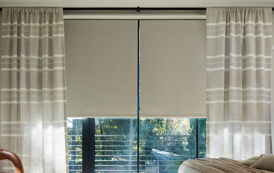 Rod Pocket Drapery made of Shoreham Stripe in Oatmeal is used as kids curtains in a casual bedroom with soft neutral colors