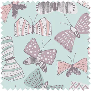 A swatch of Arden in Aquatint features hand-drawn butterflies for a feminine look for your nursery window treatments