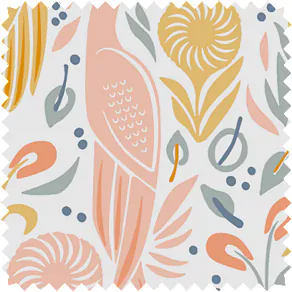 A swatch of Boheme in Blossom shows a boho inspired design with floral patterns and birds ideal for nursery window treatments