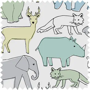 A swatch of Menagerie in Sky features hand-drawn animals in a soothing color palette ideal for nursery window treatments