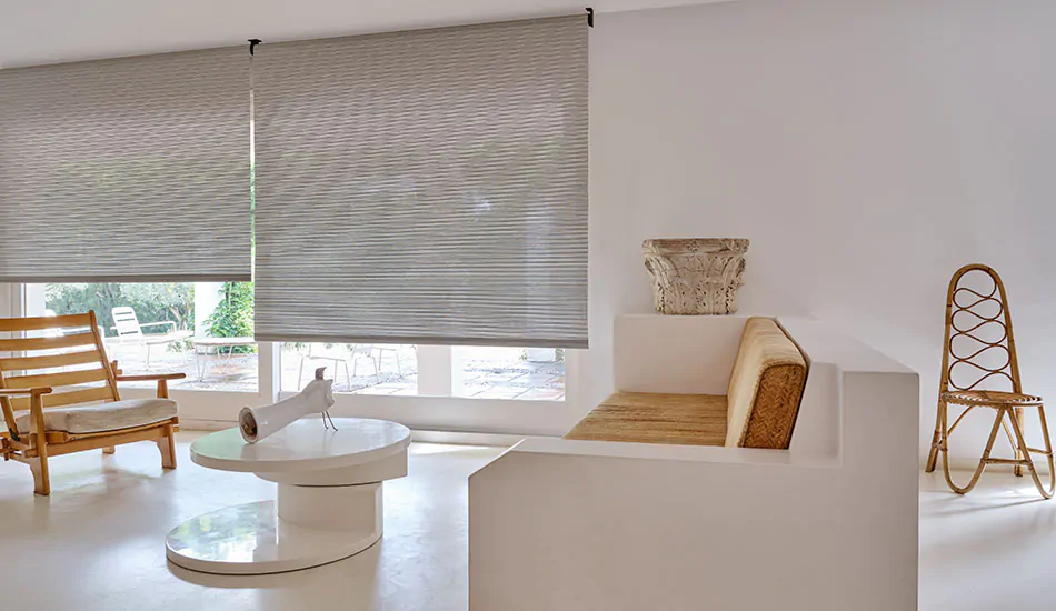 A mid-century modern living room chose roller shades vs roman shades for the sleek, modern look of roller shades