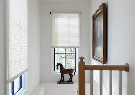 Roller Shades on tall windows in a stairwell show the style difference in roller shades vs roman shades