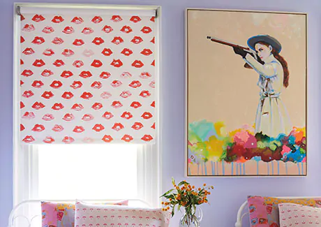 Blackout Roller Shade made of Painted Lips in Red Lips blocks light from entering a bright purple child's bedroom
