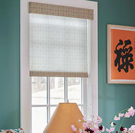 A turquoise painted room has privacy shades in the Roller Shade style made of light filtering Houndstooth material in Cargo