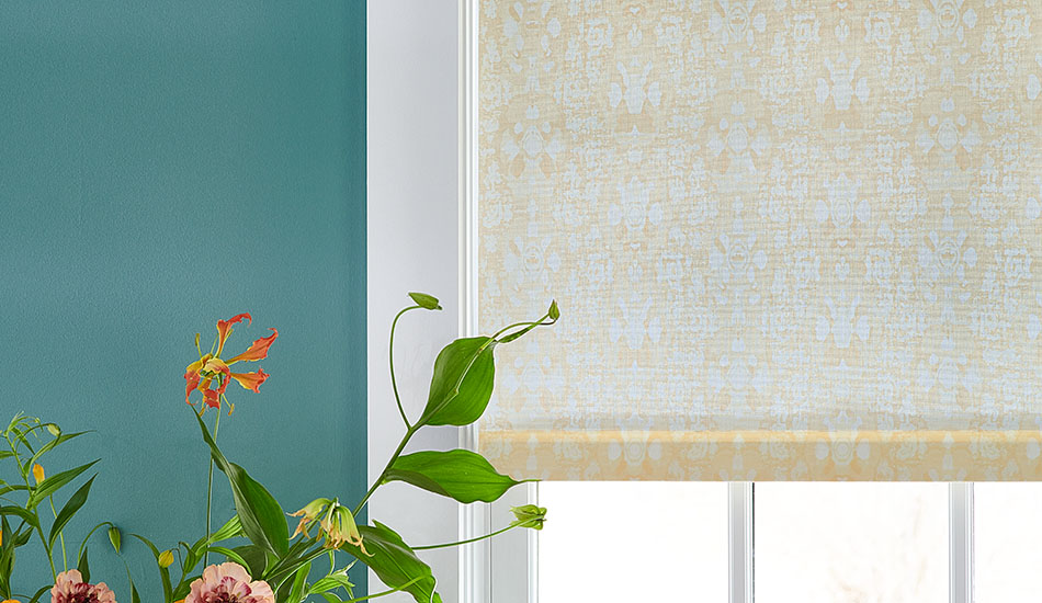 Roller Shades like Ikat in Straw from Sheila Bridges are an attractive, functional alternative to bay window blinds