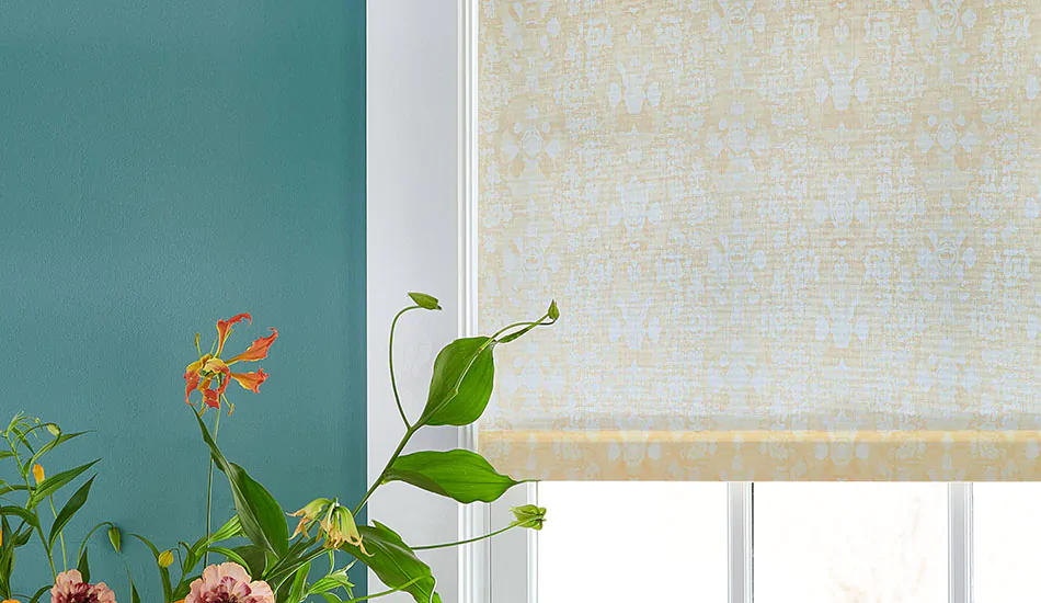 Roller Shades like Ikat in Straw from Sheila Bridges are an attractive, functional alternative to bay window blinds